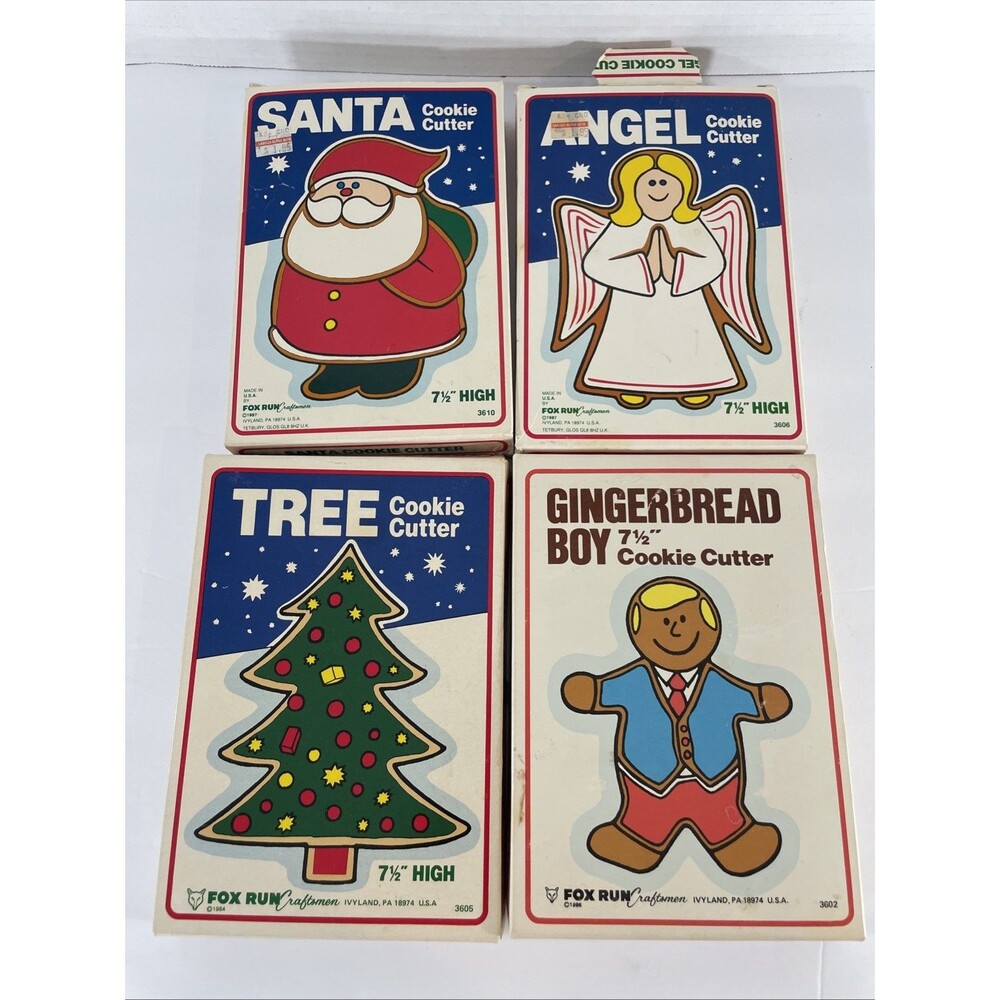 Four Large Vintage Fox Run Craftsman Cookie Cutters 1980s Santa Gingerbread Boy